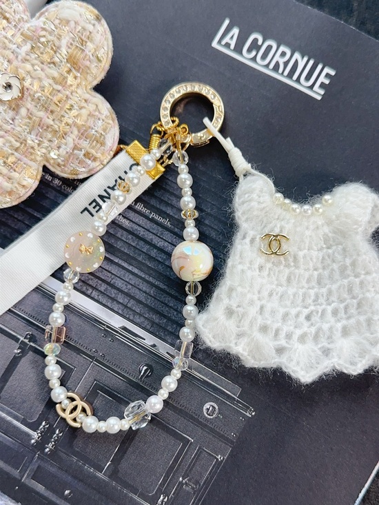 Hand Crafted Accessories - Authentic CC Ribbon With handmade Pearl, Beads & Tweed Camellia Dress Bag Charm